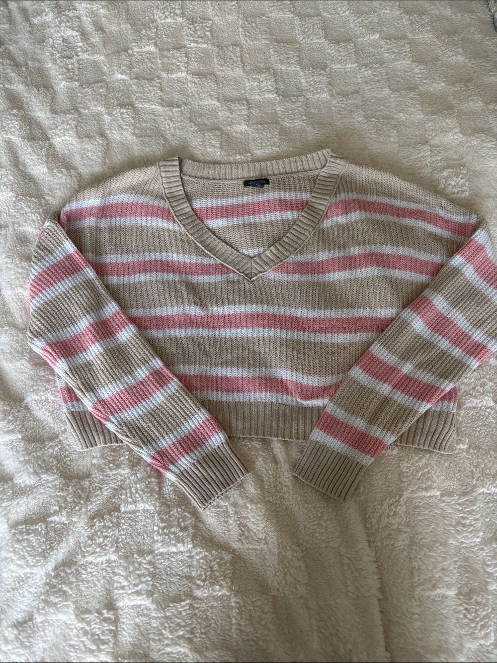Wild Fable Cropped Lightweight Sweater – Tan/Pink/White – Size XL